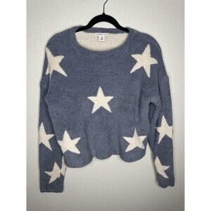 Sincerely Jules Sweater Womens Medium Blue White Star Print Fuzzy Knit Pullover